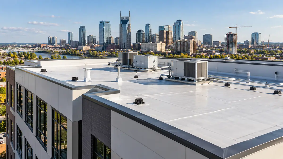 New commercial building with a low-slope roof and rooftop mechanical equipment in Nashville